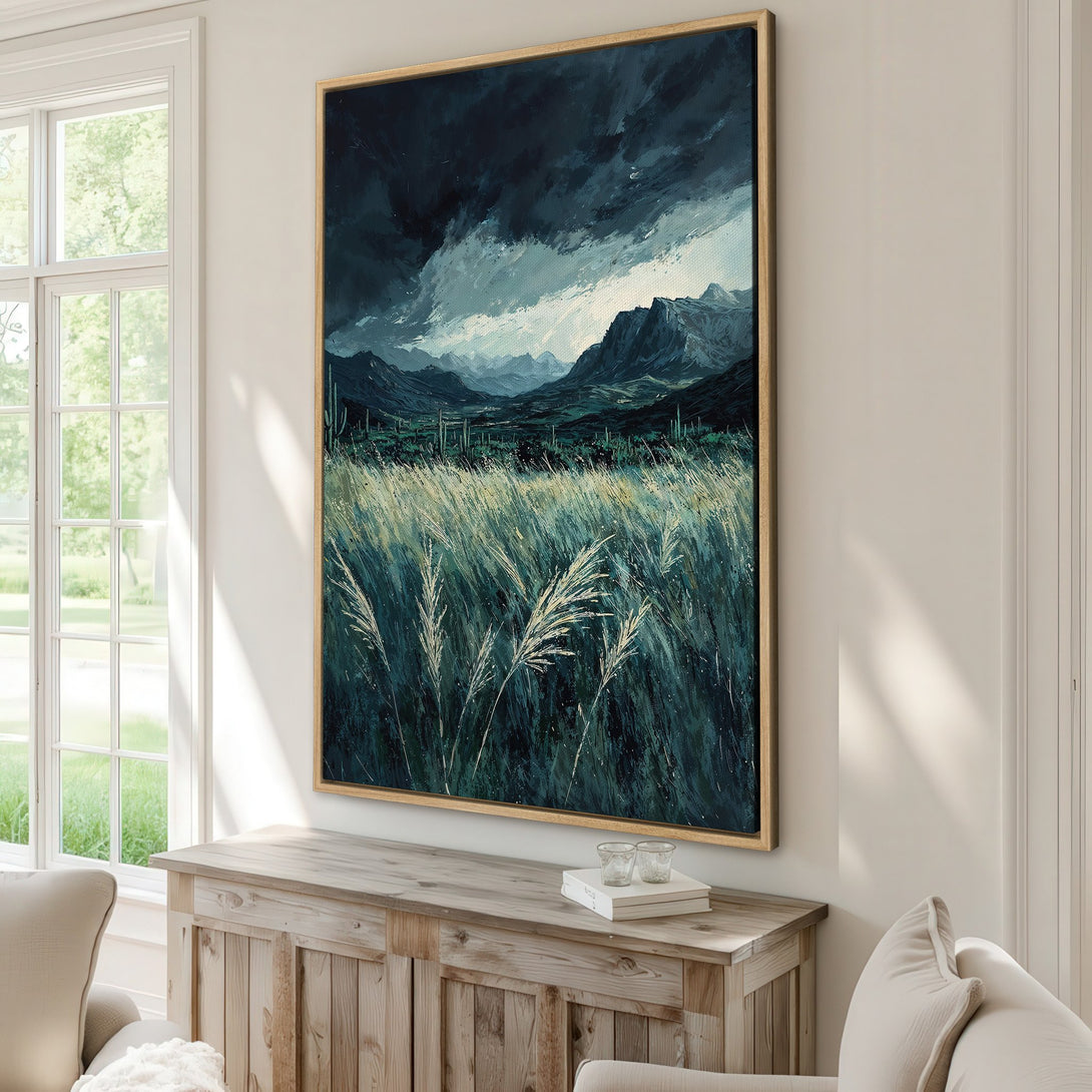 Framed Wall Art: Dramatic landscape Canvas Print with moody blues and greens. Evokes a sense of nature and tranquility. Perfect for modern home decor.
