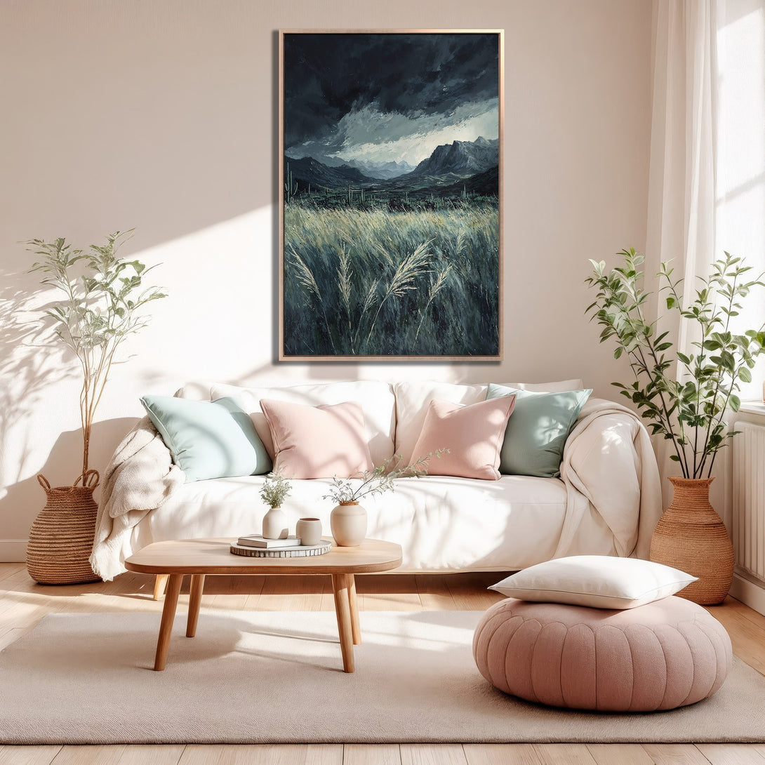 Framed Wall Art: Dramatic landscape Canvas Print with moody blues, greens, and grays. Perfect for adding a touch of nature and sophistication to your living room.