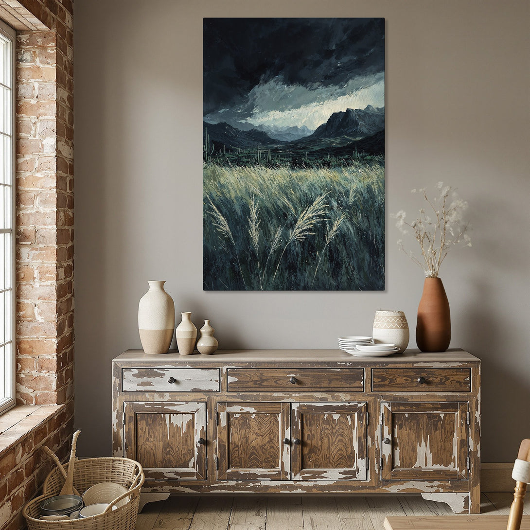 Framed Wall Art: Moody landscape Canvas Print in blue and green tones. Adds a touch of nature and sophistication to any dining room. Shop now!