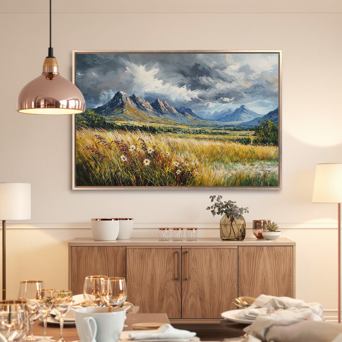 Framed Wall Art: Landscape Canvas Print with mountains, fields, and dramatic sky in a warm, neutral color palette. Perfect for any home decor.
