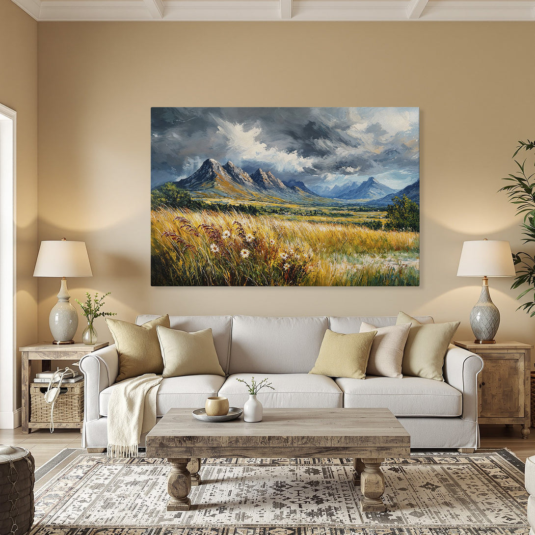 Framed Wall Art: Landscape painting with mountains & field in warm tones. Add a touch of nature to your space with this beautiful canvas print.
