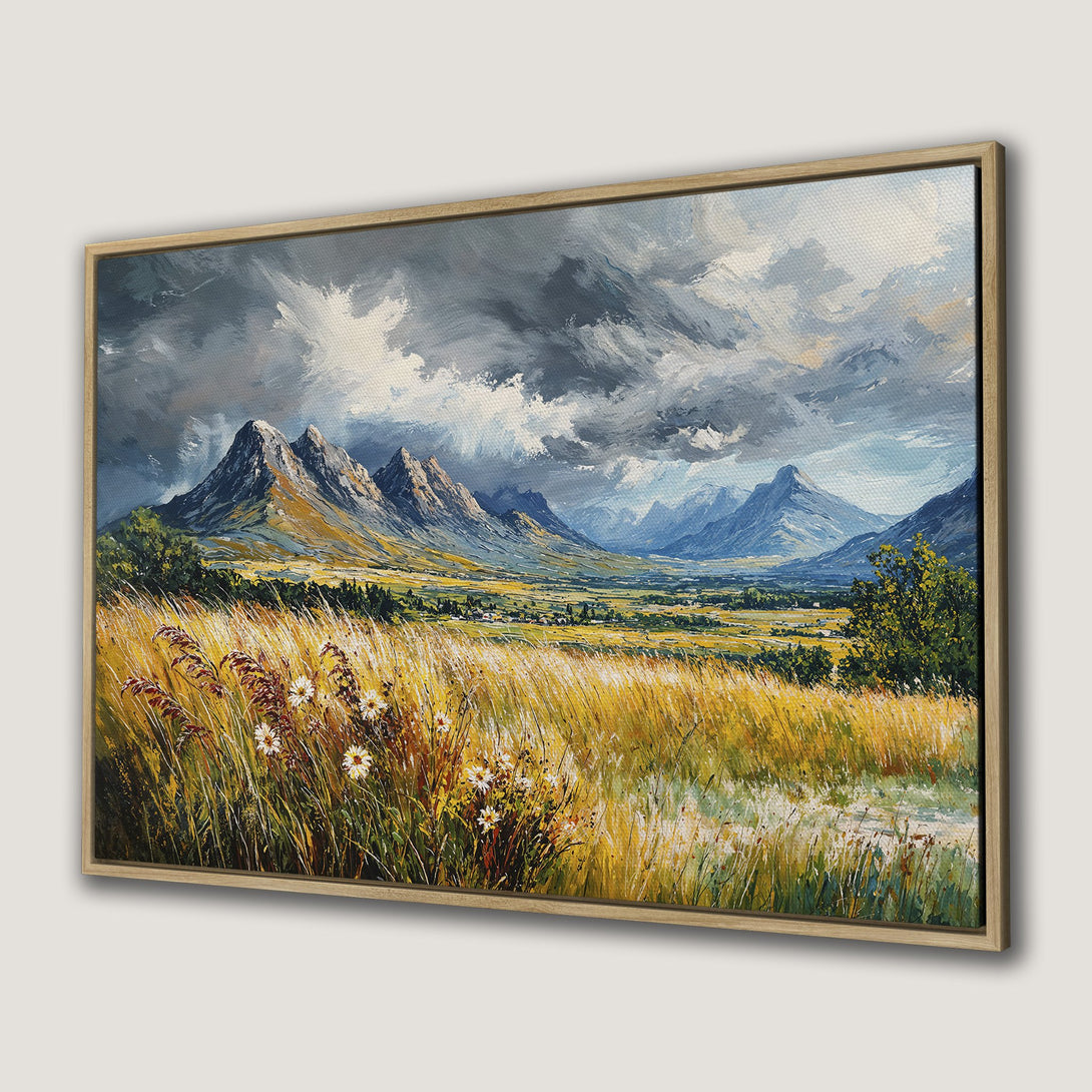 Framed Wall Art: Mountain landscape painting with a warm yellow, blue, and gray color palette. Perfect for adding a touch of nature to your home decor.