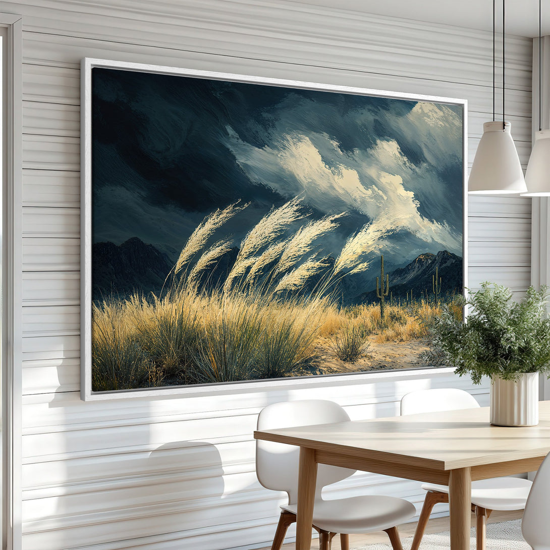 Framed Wall Art featuring a desert landscape painting with a moody, blue and gold color palette. Perfect for adding a touch of nature to your home decor.