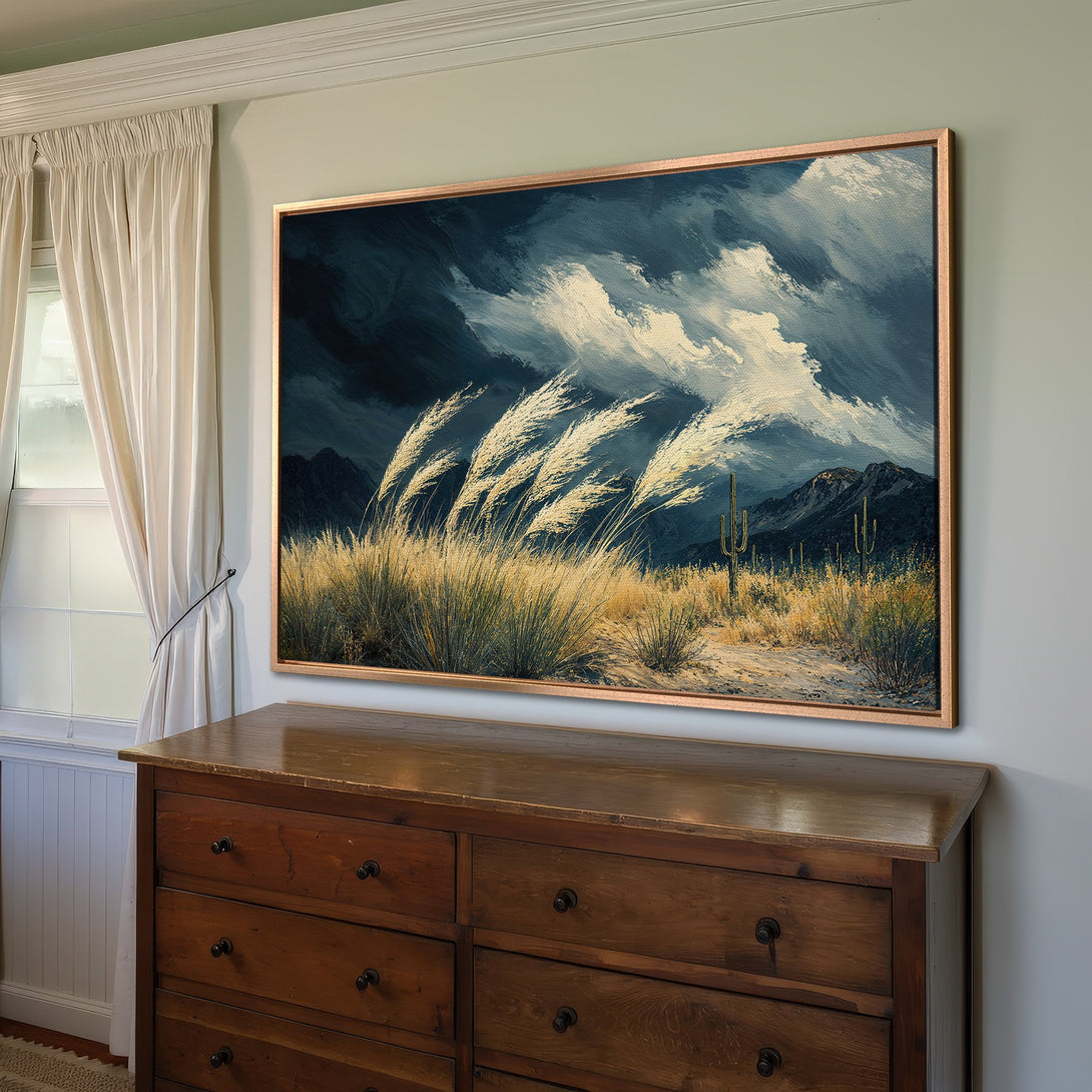 Framed Wall Art: Desert landscape Canvas Print with moody blue and gold color palette, perfect for adding a touch of art to your home decor.