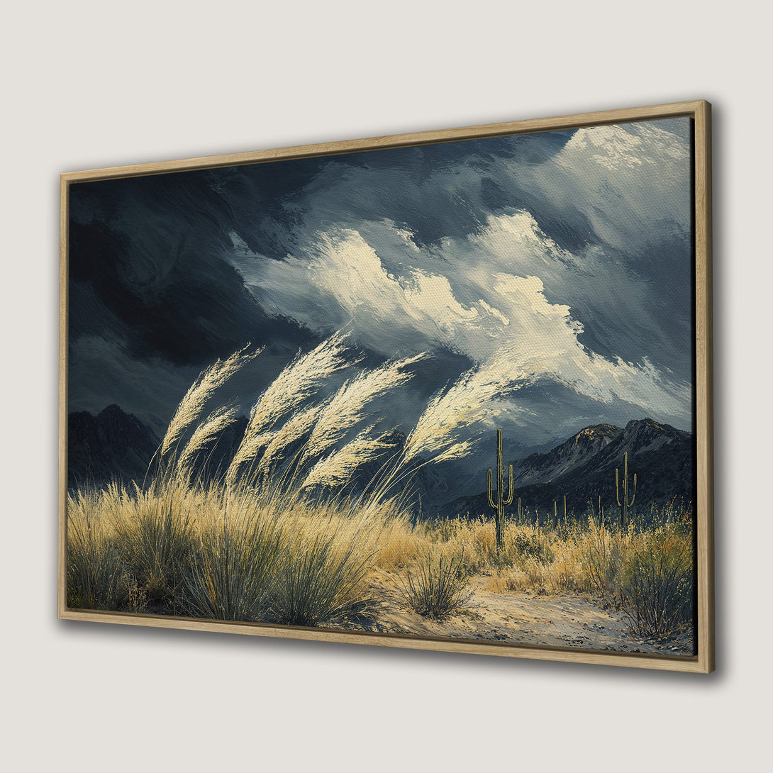 Framed Wall Art: Desert landscape Canvas Print with moody skies, featuring neutral and blue tones. Perfect for adding a touch of nature to your home.