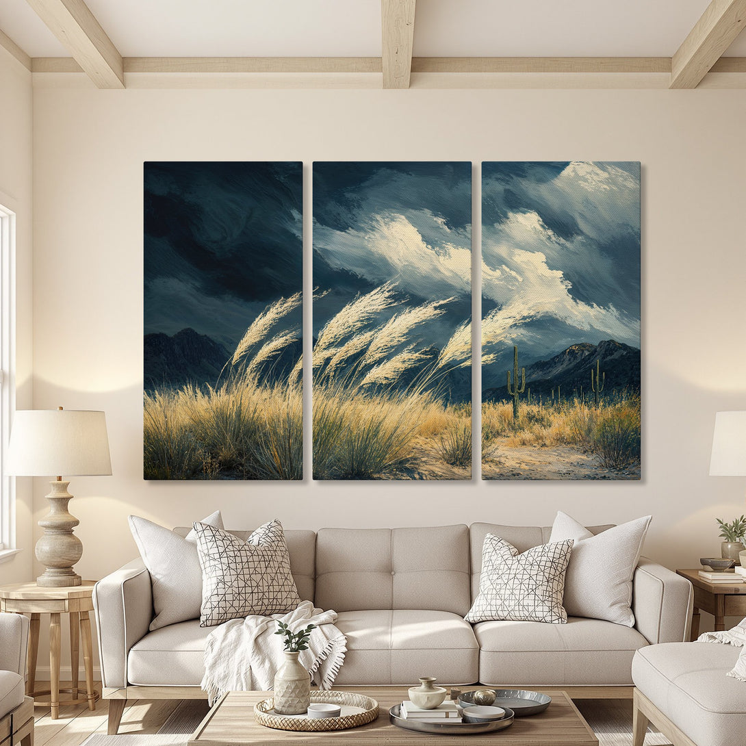 Canvas Print of a desert landscape painting in a modern interior, featuring a blue and beige color palette.