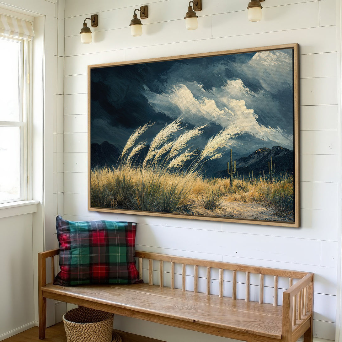 Framed Wall Art: Dramatic desert landscape painting in blue, beige, and gold tones. Perfect for adding a touch of nature-inspired art to your home.