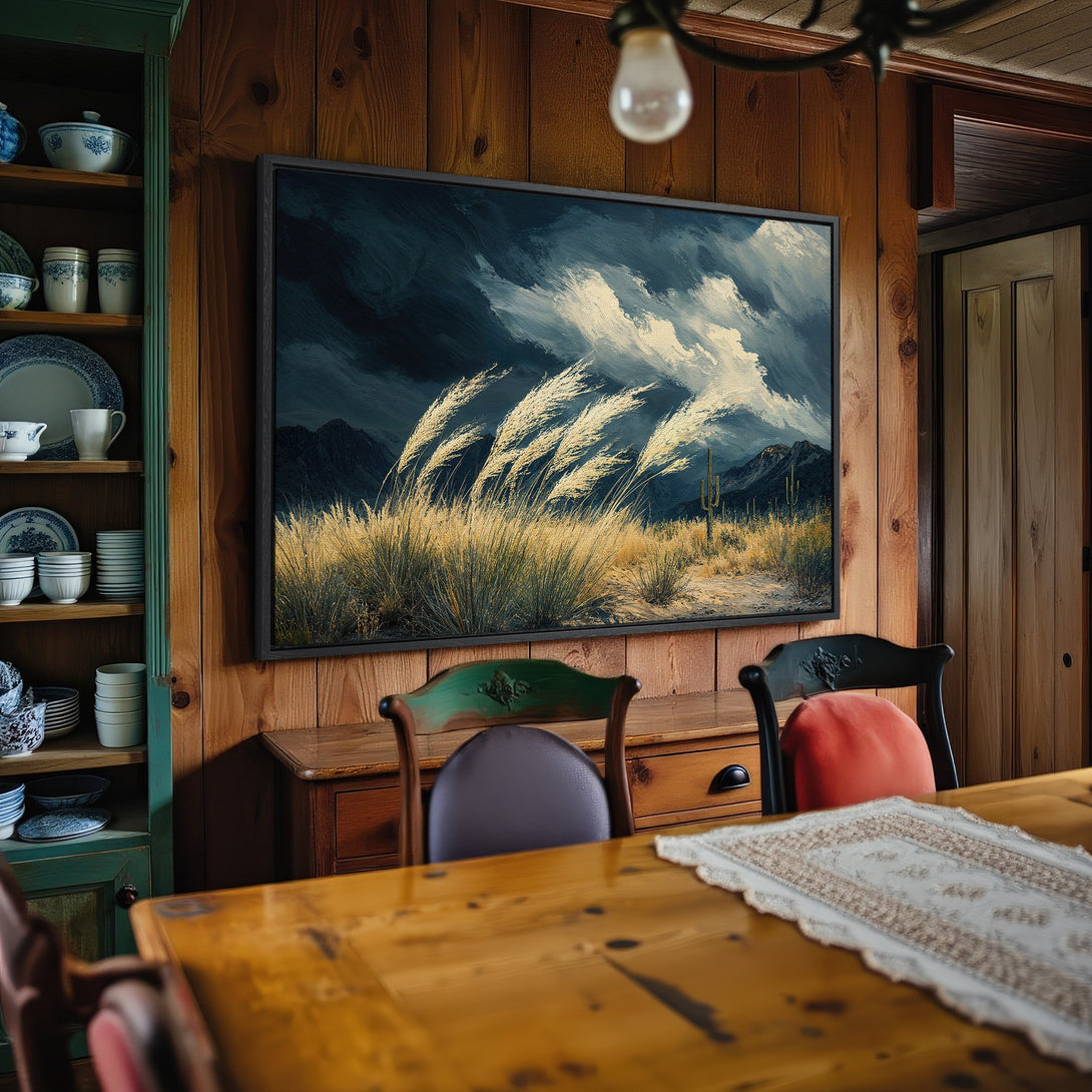 Framed Wall Art: Dramatic landscape Canvas Print with moody blues, greens, and beige. Perfect for rustic home decor and adding a touch of nature.