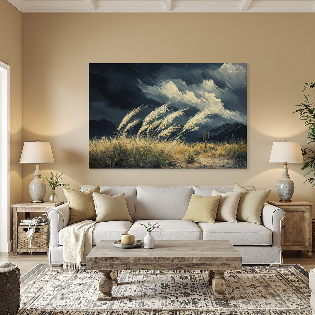 Framed Wall Art: Desert landscape Canvas Print in blue, white, and tan tones. Adds a touch of nature and style to any room.