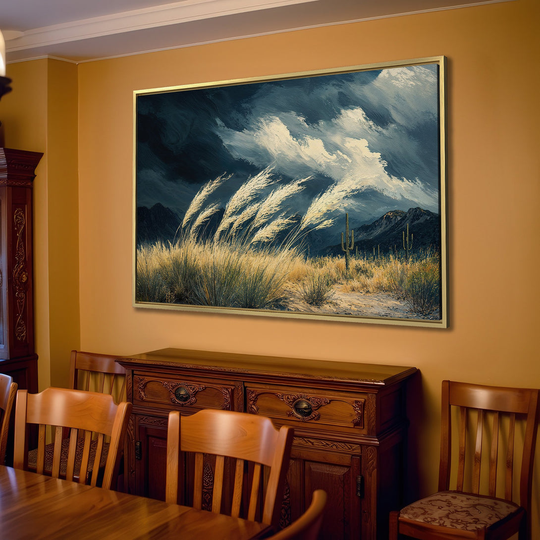 Canvas Print of a desert landscape painting with a moody sky. Earthy tones and neutral palette create a calming, rustic vibe.