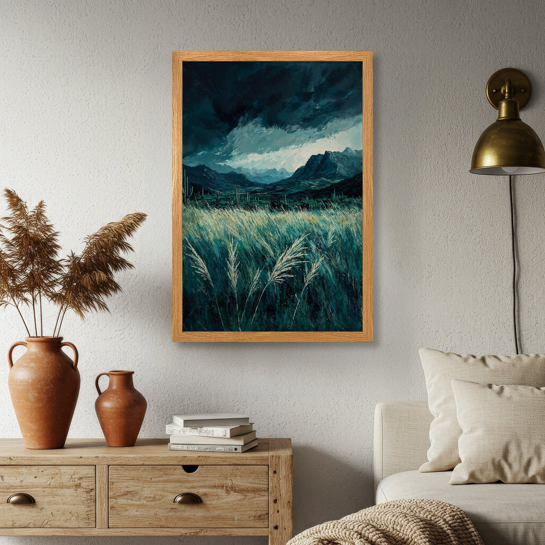 Framed Poster featuring a landscape painting with a moody, teal and blue color palette. Bring nature indoors with this art print!