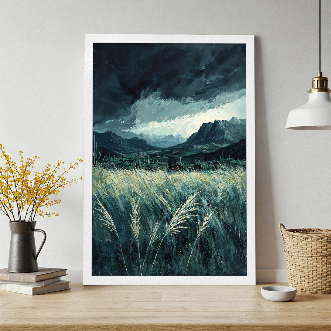 Framed Poster featuring a dramatic landscape painting with mountains, stormy sky, and grassy field in a dark teal and white palette.