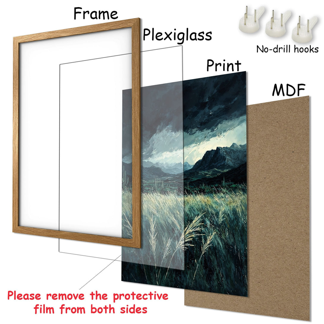 Framed Poster featuring a landscape scene in a moody, painterly style with a cool, dark color palette. Perfect wall art!