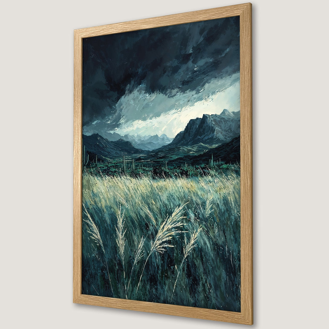 Framed Poster featuring a dramatic landscape painting with a moody teal and gray color palette. Perfect wall art!