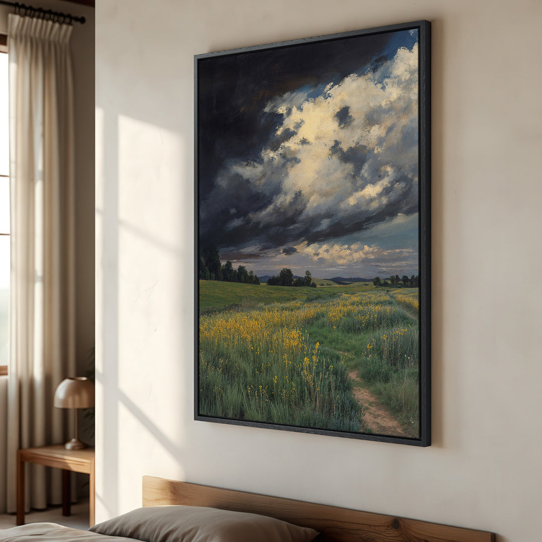 Framed Wall Art: Dramatic landscape Canvas Print. Moody sky & field of yellow flowers in a classic style, with a calming green & gold color palette.