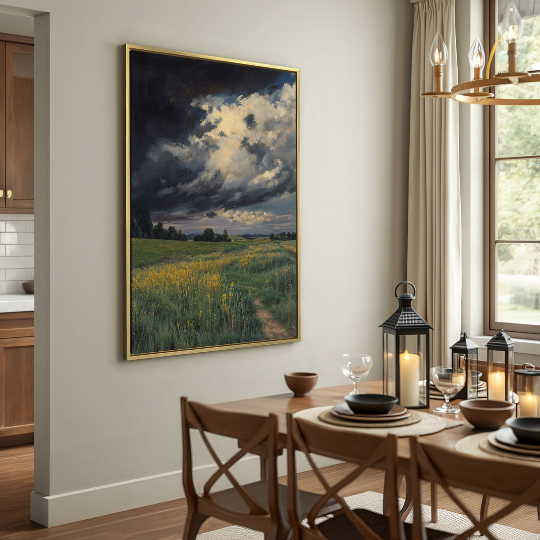Canvas Print of a dramatic landscape painting with dark clouds, fields, and a path. Earthy tones and a vintage aesthetic.