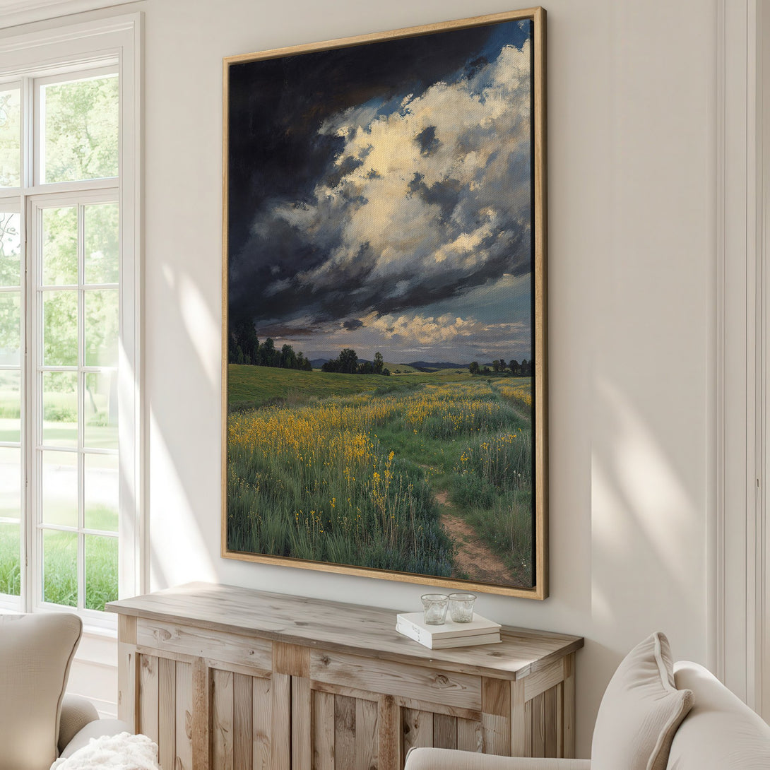 Framed Wall Art: Dramatic landscape Canvas Print with stormy sky & yellow flowers. Earthy tones create a calming, artistic interior decor statement.