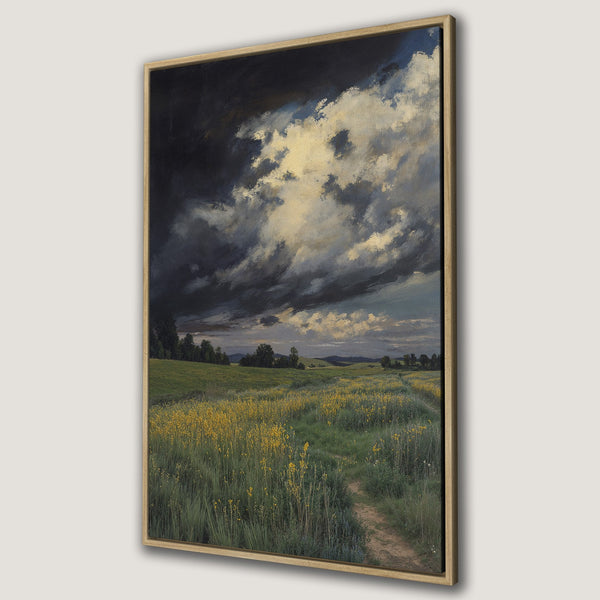 Framed Wall Art: Dramatic landscape Canvas Print featuring a stormy sky over a field of wildflowers. Earthy tones with pops of yellow and green. Add art to your space!