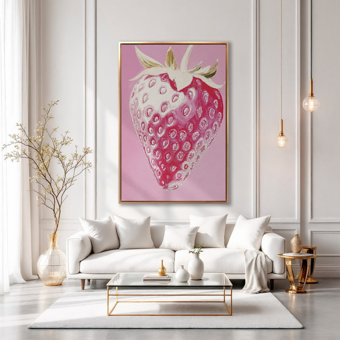 Framed Wall Art: Vibrant strawberry painting in a modern interior. Pink and white color palette, perfect for adding a pop of color to your space.