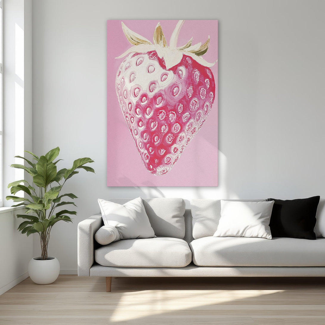 Framed Wall Art: Vibrant strawberry painting in pink and red hues. Modern art for a stylish bedroom. Add a pop of color to your space!