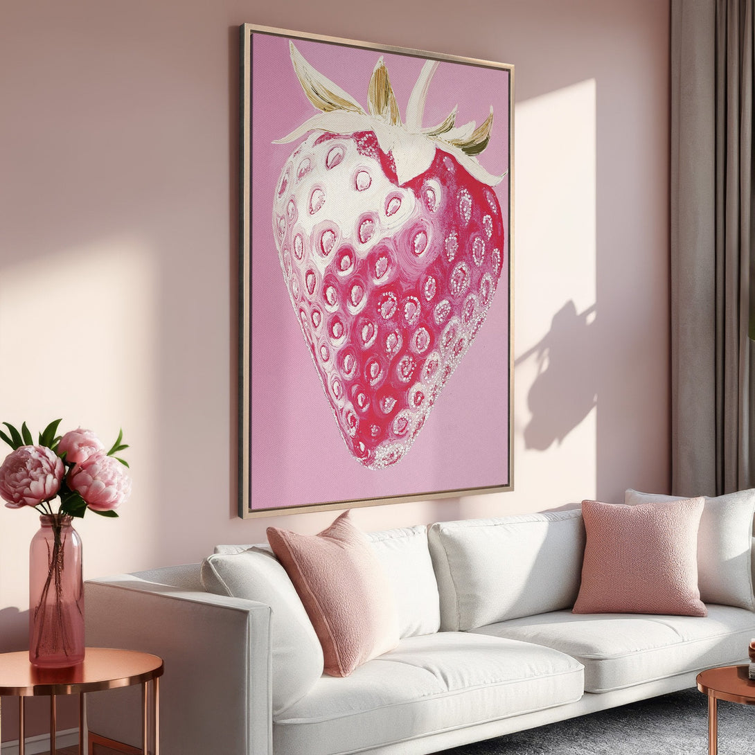 Framed Wall Art: Vibrant strawberry painting in pink tones. Adds a pop of color to any space. Perfect for modern and feminine decor.