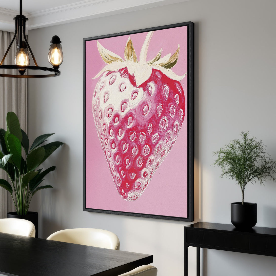 Framed Wall Art: Vibrant strawberry painting in pink and red hues. Modern art canvas print adds a pop of color and style to any interior.