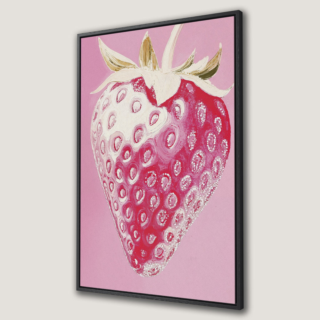 Framed Wall Art: Vibrant strawberry painting in pink and red hues. Modern art canvas print for kitchen or dining room decor.