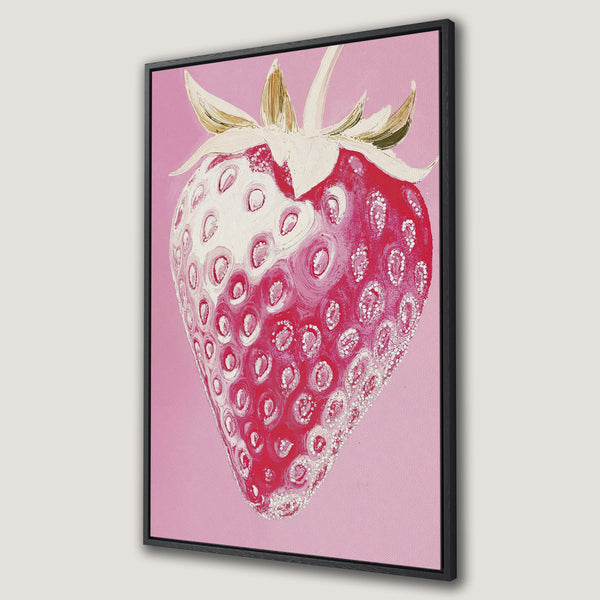 Framed Wall Art: Vibrant strawberry painting in pink and red hues. Modern art canvas print for kitchen or dining room decor.