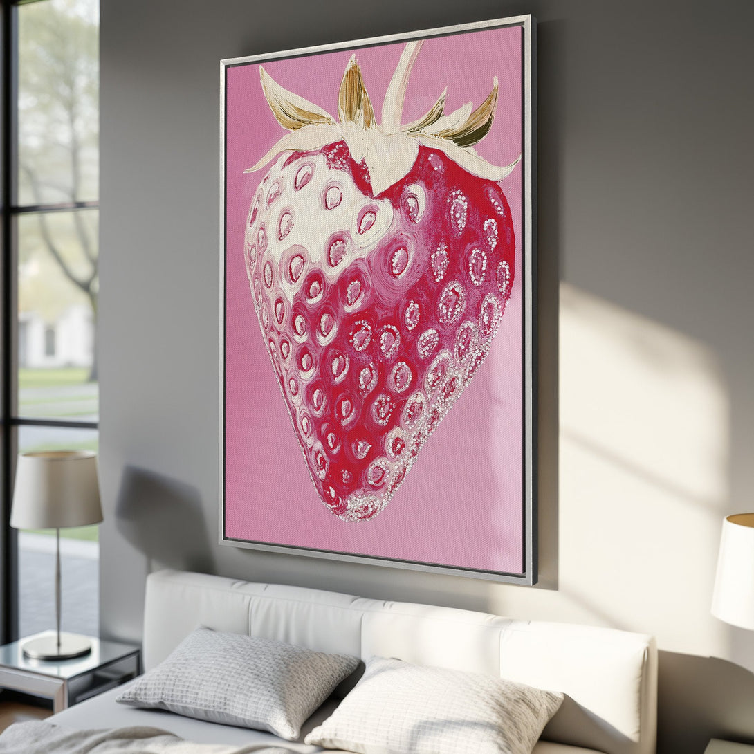 Framed Wall Art: Vibrant strawberry painting in pink and red hues. Modern canvas print adds a pop of color to any space. Shop now!