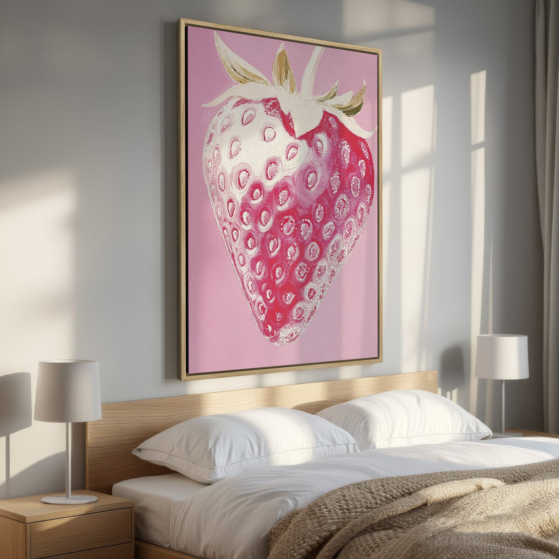 Framed Wall Art: Vibrant strawberry painting in pink and red hues. Modern art canvas print adds a pop of color to any bedroom decor. Shop now!