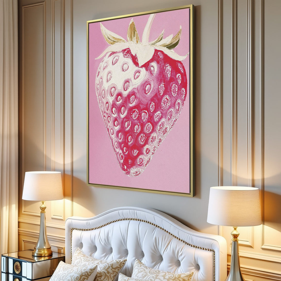 Canvas Print of a vibrant strawberry artwork in a modern interior. Features a pink and white color palette, perfect for kitchen or dining room decor.