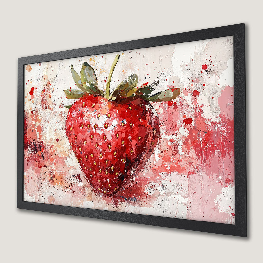 Framed Poster of a vibrant strawberry in watercolor style, red and pink color palette, perfect for kitchen decor.