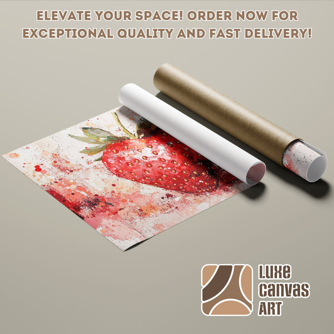 Watercolor strawberry Poster Roll art, red & pink palette, modern style. Shop now!