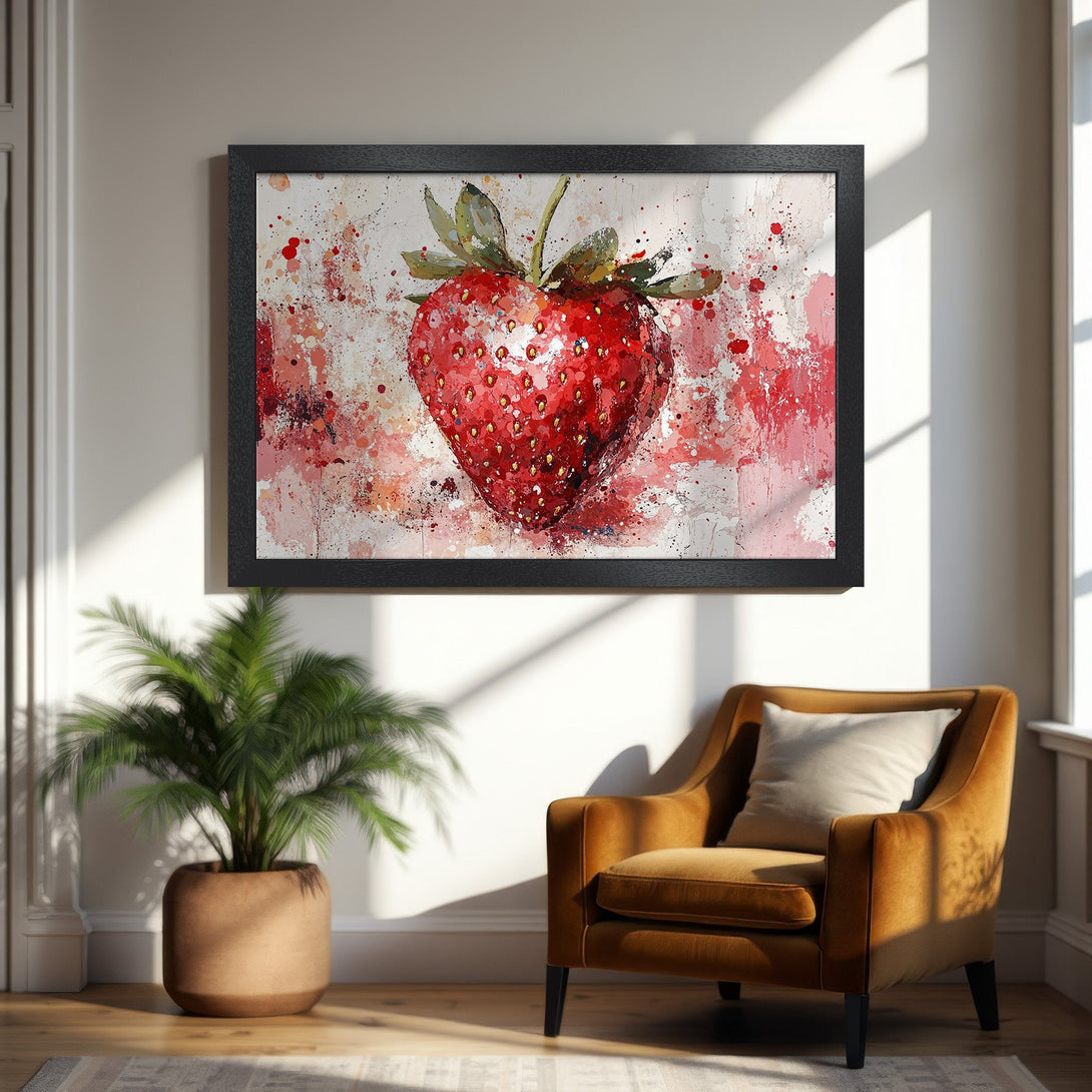 Framed Poster featuring a vibrant watercolor strawberry art print in red, pink, and white. Perfect wall decor!