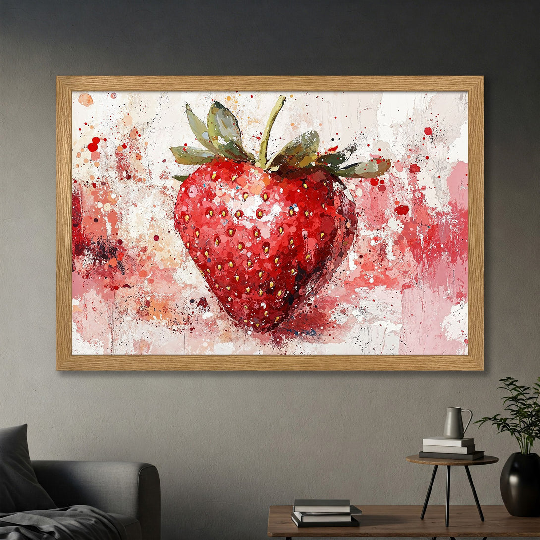Framed Poster of a vibrant watercolor strawberry. Artistic style with a red, pink, and white color palette. Perfect kitchen or dining room art!