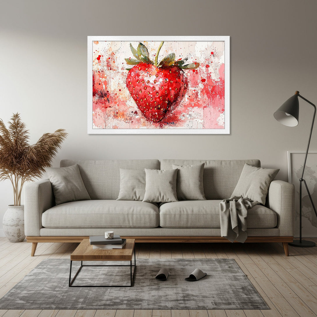 Framed Poster featuring a vibrant, abstract strawberry in red and pink hues. Modern art style, perfect for kitchen or dining decor.