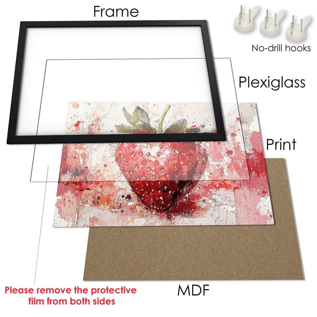 Framed Poster featuring a watercolor strawberry. Red, pink, and white color palette. Add a touch of art to your space!