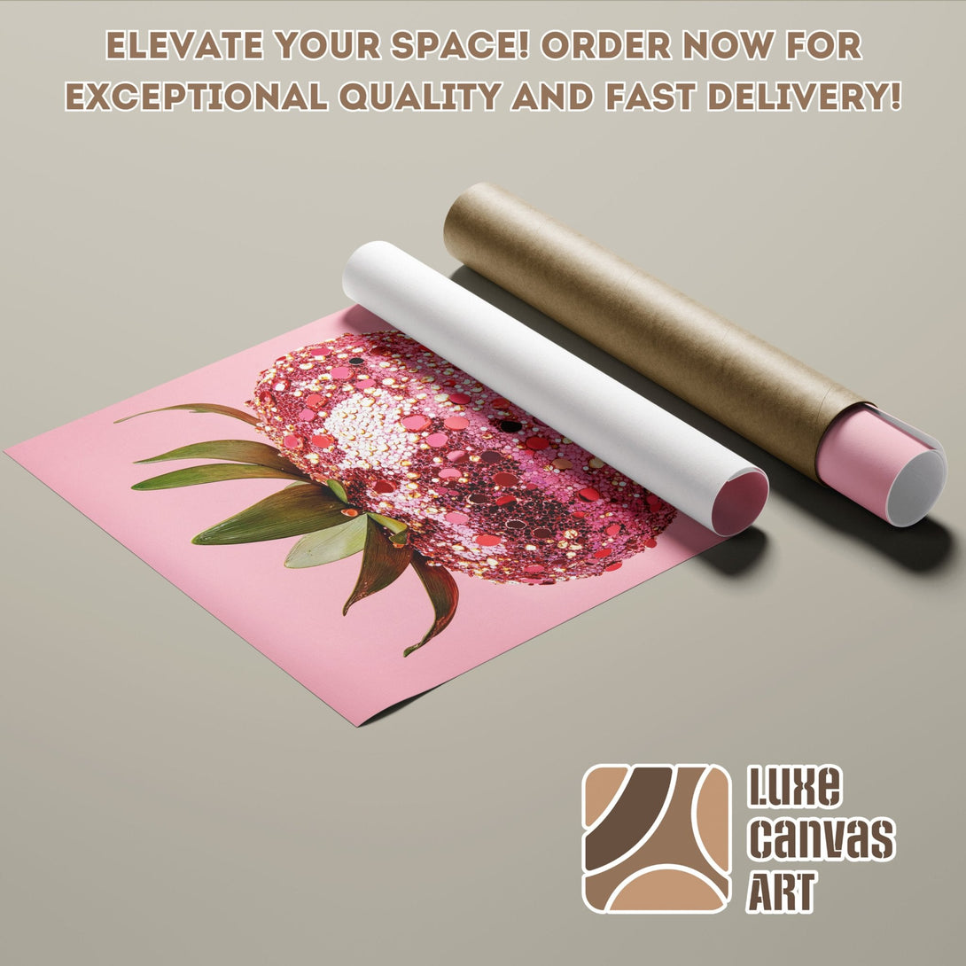 Pink pineapple art Poster Roll, modern style, pink and green color palette. Elevate your space!