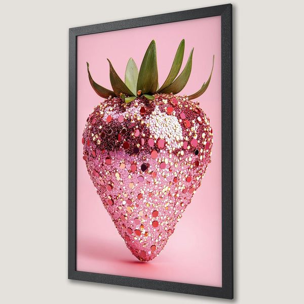 Framed Poster featuring a sparkling strawberry art print. Pink and red color palette with a modern, glamorous style. Perfect wall decor!