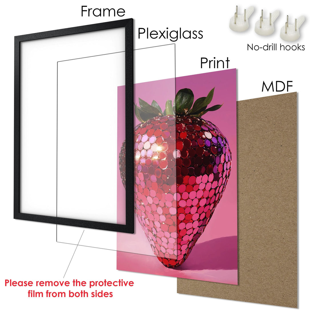 Framed Poster featuring a vibrant strawberry art print in a pink and red color palette. Modern style for your home decor.