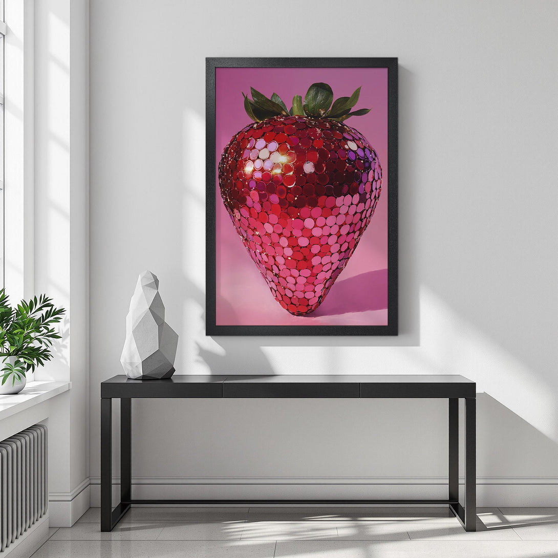 Framed Poster featuring a vibrant strawberry artwork with a pink and red color palette. Modern art for your home!