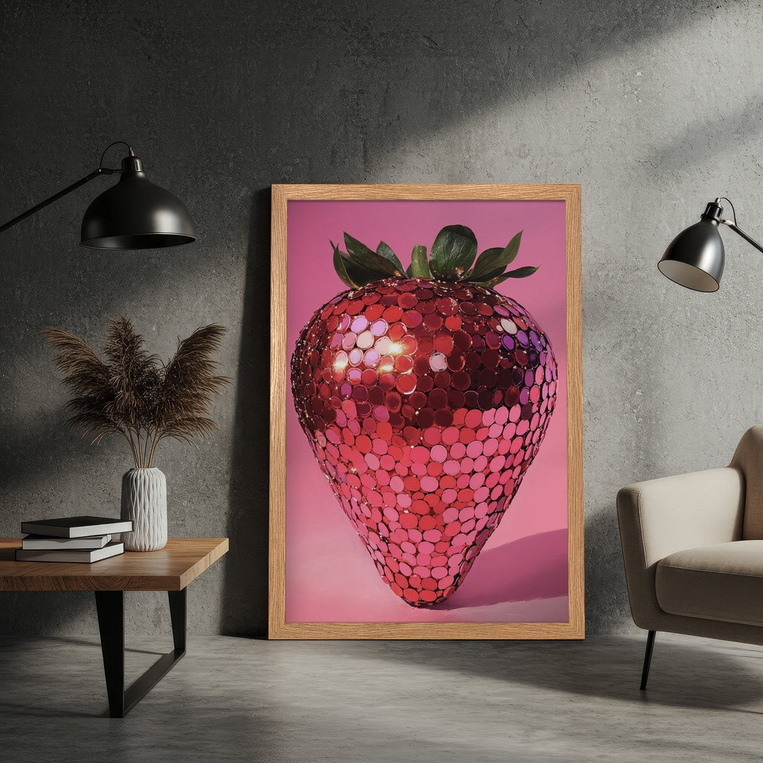 Framed Poster featuring a mosaic strawberry. Modern art style, pink and red color palette, perfect wall decor.