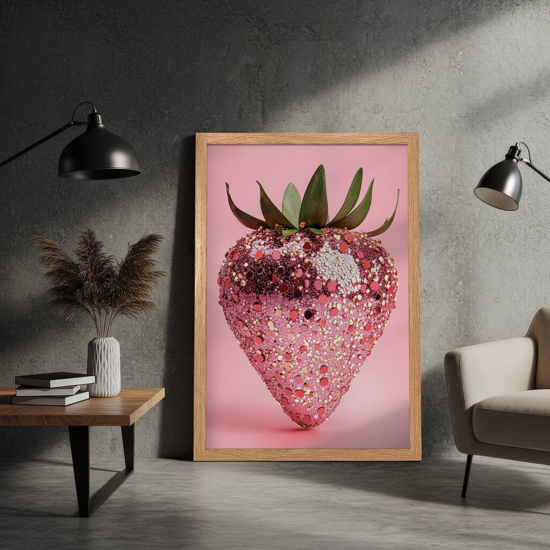 Framed Poster featuring a sparkling strawberry on a pink background. Modern style with a pink, green, and neutral color palette. Perfect wall art!