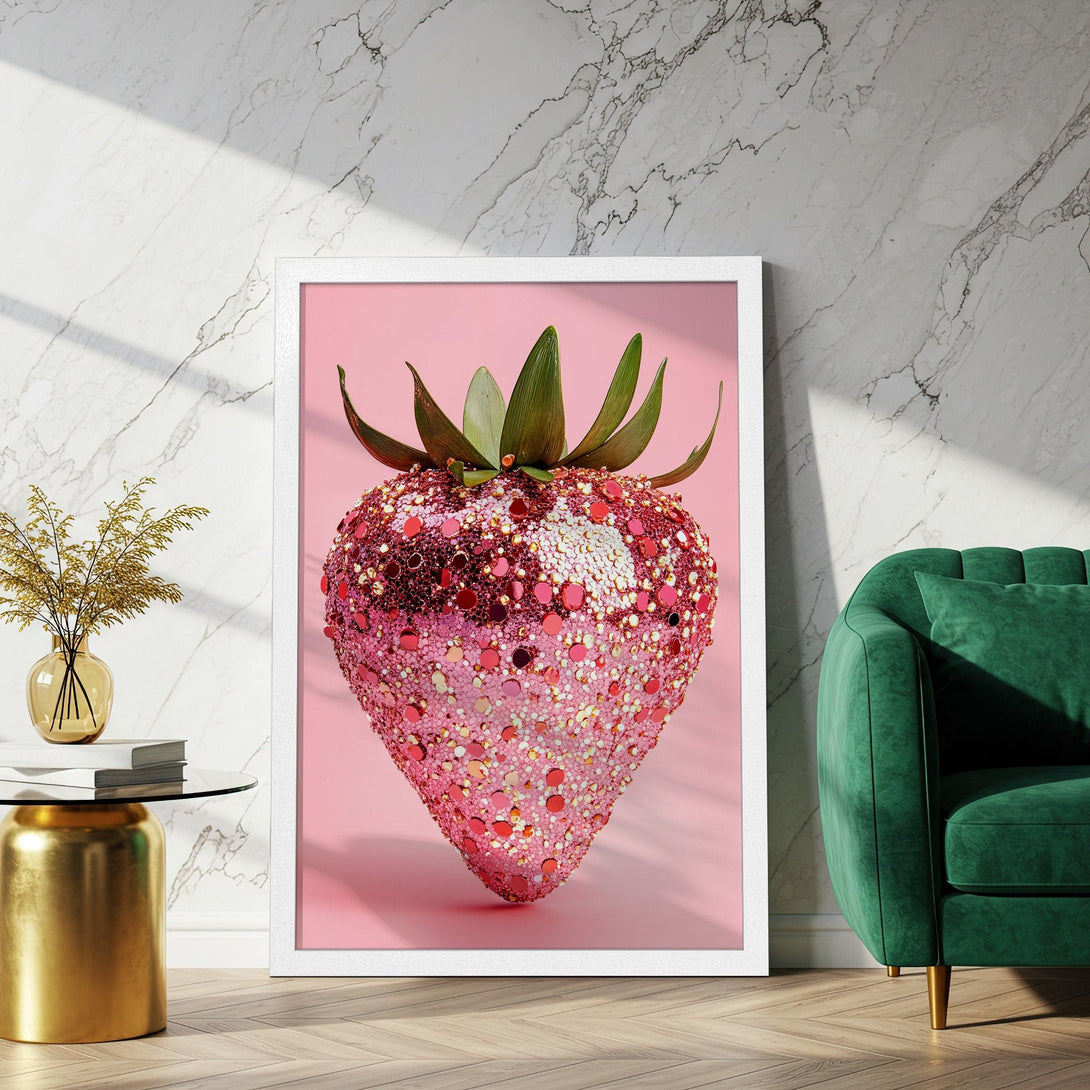 Framed Poster featuring a sparkling strawberry in pink tones. Modern art style, perfect for adding a pop of color to your space!