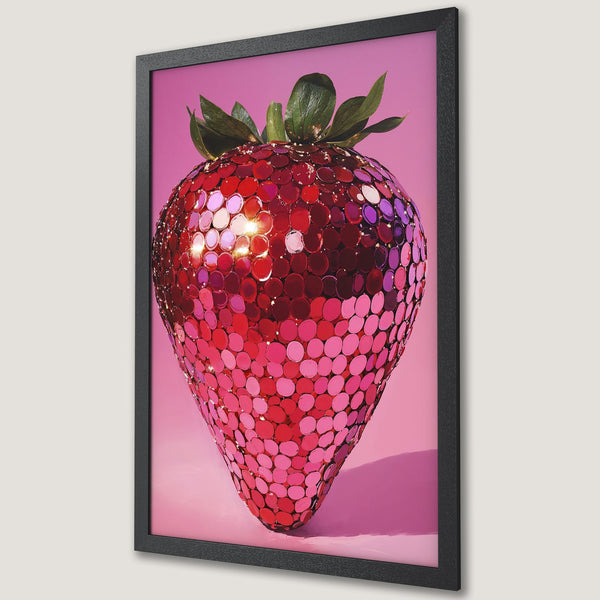 Framed Poster featuring a sparkling strawberry in shades of pink and red. Modern, eye-catching art for your space!