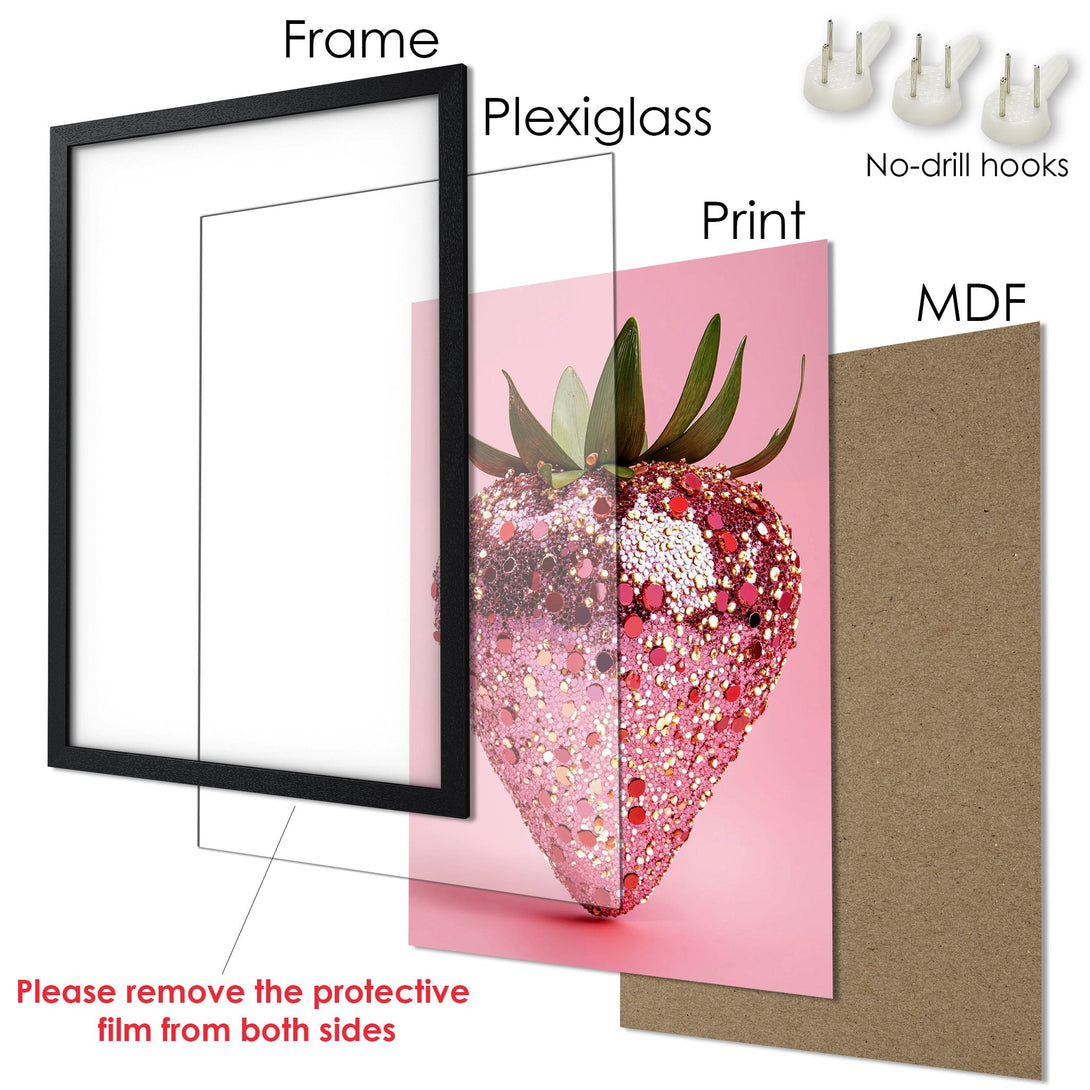 Framed Poster featuring a sparkling strawberry in pink hues. Modern style, perfect for kitchen or dining room decor. Add a touch of glam!