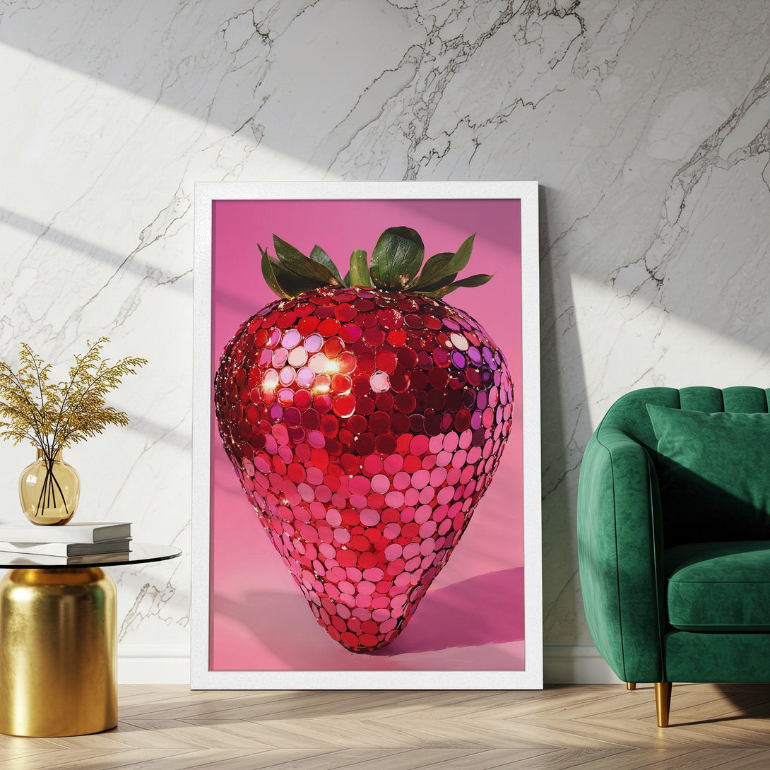 Framed Poster of a shimmering strawberry in a modern style, featuring a pink and red color palette. Perfect for adding a pop of art!