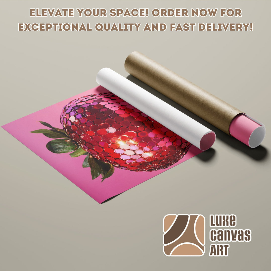 Poster Roll featuring a vibrant, abstract strawberry art print. Pink, red, and green color palette. Order now!