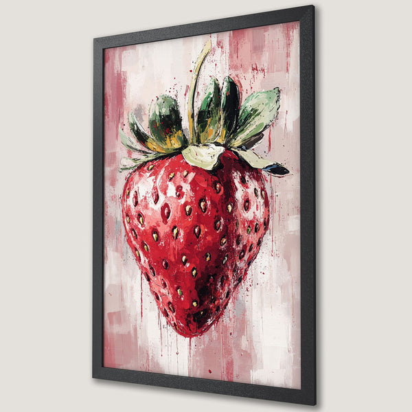 Framed Poster featuring a vibrant strawberry in an expressive, painterly style. Red, pink, and green color palette. Perfect kitchen art!
