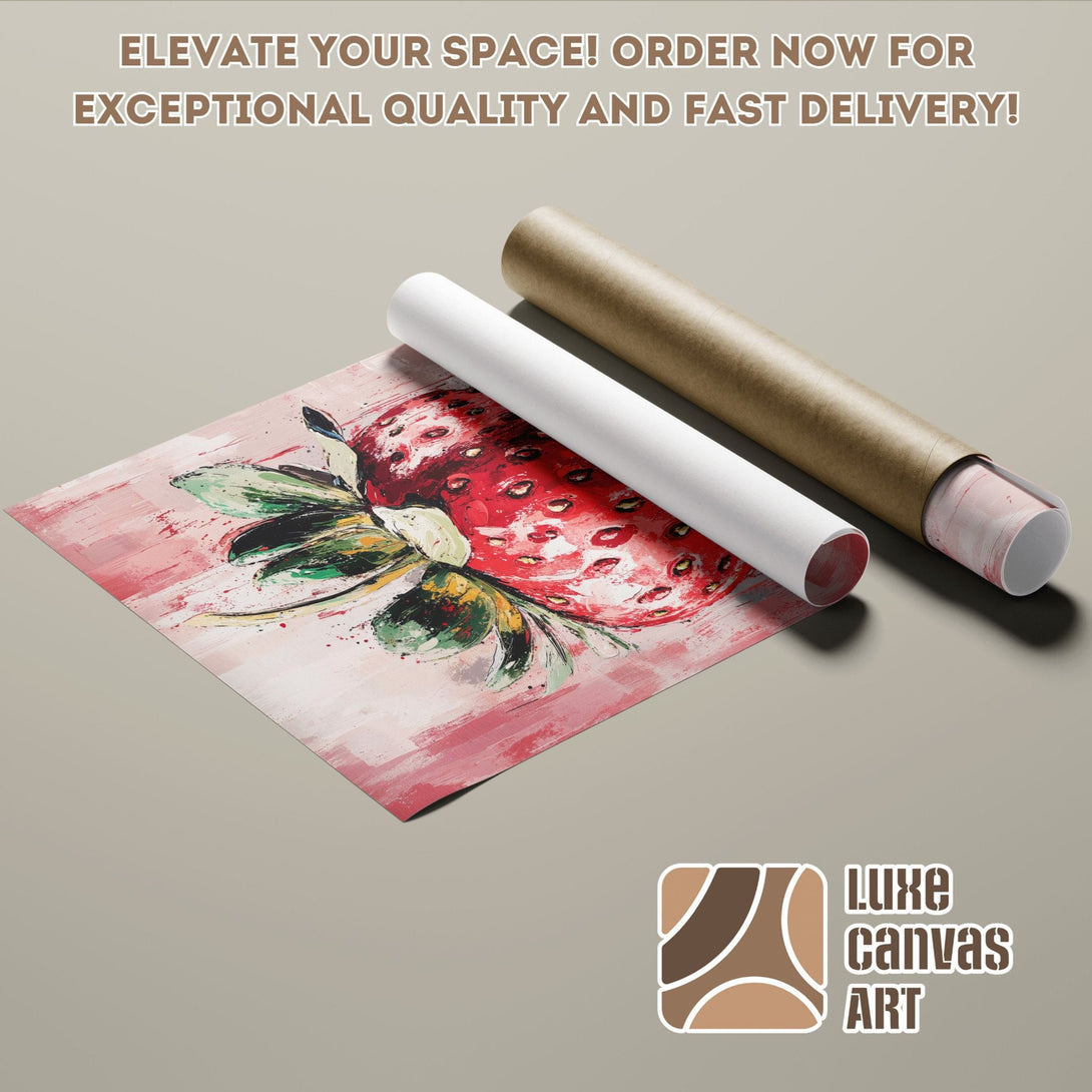 Strawberry art Poster Roll in red, pink, and green. Modern abstract style. Elevate your space!